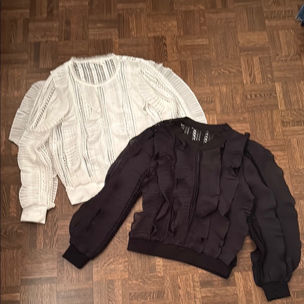 White and Black ruffle Tops size small